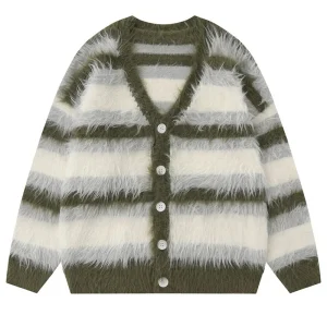 Striped Plush V-neck Sweater Men's Loose Casual Brushed Knit Trendy Couple Versatile Comfortable Harajuku High Street Cardigan