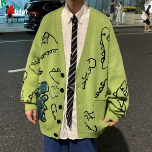 Autumn Oversize Cardigan Men Knitted Dinosaur Sweater Streetwear Loose Male Women Coat 2024 Doodle Hop Pattern Winter