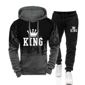 2025 Trend Menswear King Printing Casual Hooded Sweatshirts+Pants Set Jogging Clothing Splash-ink Suit Hot Sales Mens Tracksuit