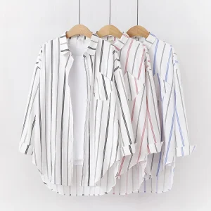 Loose Casual Striped Shirts Women 2024 New Ladies Sweet Simple Style Long Sleeve Print Shirt Female Blouse and Tops Lady Clothes