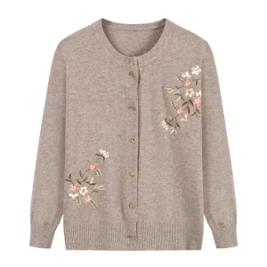 Spring Autumn Thin Knit Cardigan Jackets Grandma Embroidered Long Sleeve Sweater Outerwear Plus Size Short All-match Women's Top
