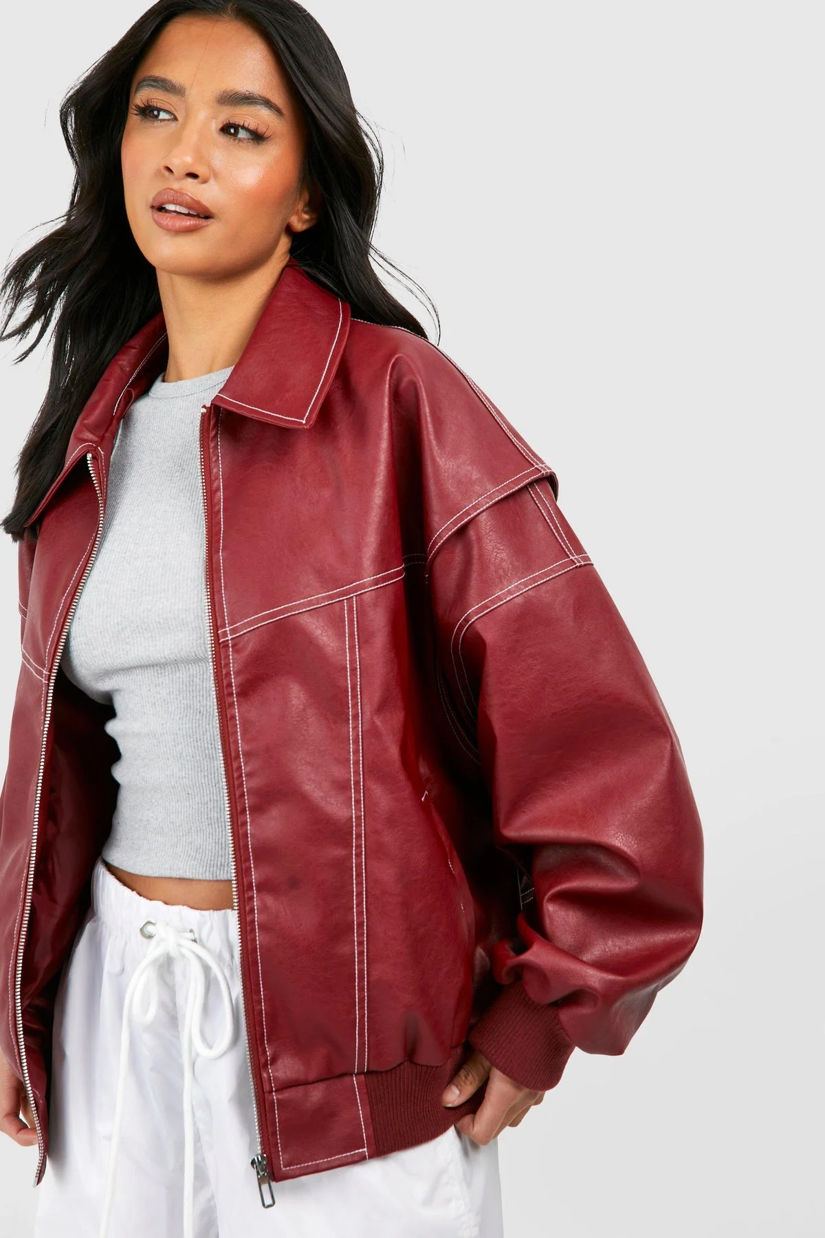 Vintage Solid Lapel Collar Zipper Women's Leather Jacket Casual Fashion Lapel Long Sleeve Coat 2024 Autumn Winter Outwear Tops