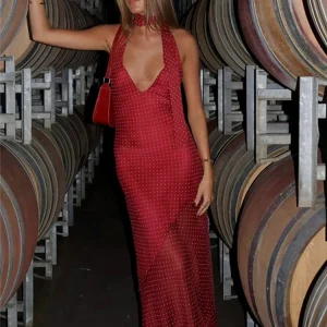 Absobe Polka Dot Print Color Block Maxi Dress Elegant V Neck Halter Tie Slim Backless A Line Long Dress For Women Chic Partywear
