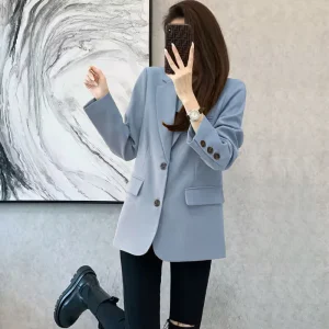 Women Blazer Casual Jacket Multi-Color Pocket All-Match Long Sleeved OL Autumn Winter Elegant Office Lady Coat Loose Solid Thin