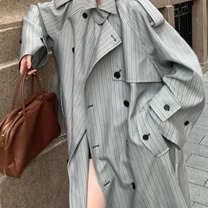 YERMORA Fashion Designer Long Trench Coat Women Lapel Double Breasted Belt Gathered Waist Windbreaker 2024 Autumn Winter New