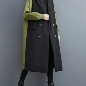 Oversized Turn-down Collar Trench Coat For Women 2024 Autumn Winter Casual Loose Vintage Patchwork Fashion Outerwear Cardigan