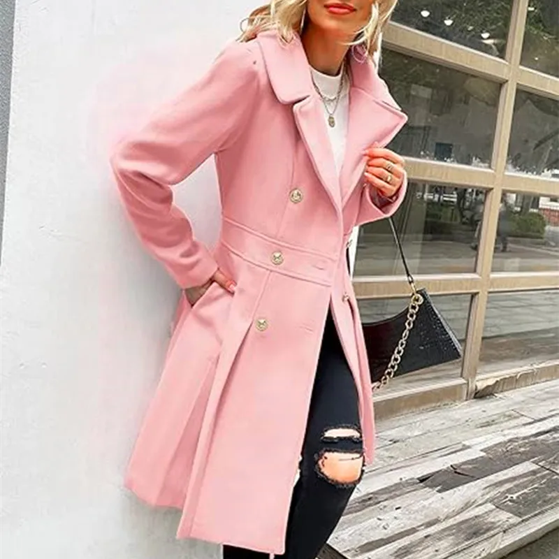 Women's Wool Trench Outerwears Winter with Skirt Hemline Double Breasted Flip Lapel Lined Women's Jacket Warm Streetwears