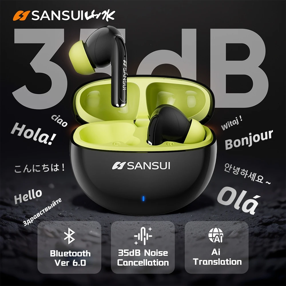 Sansui W59 Ai Translator Earbuds ANC Bluetooth 6.0 Earphones in-Ear -35dB Active Noise Canceling Headset with Transparency Mode