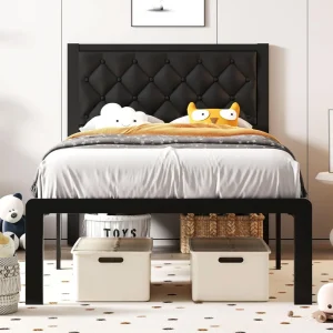 Twin Bed Frame with Headboard PU Leather Upholstered Bed Frame Platform,All Metal Slats Support Platform Bed Frame