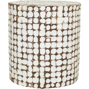 Boho Side Table Nightstand – White Coconut Shell End Table, Handcrafted Accent Furniture for Living Room, Bedroom, or Entryway
