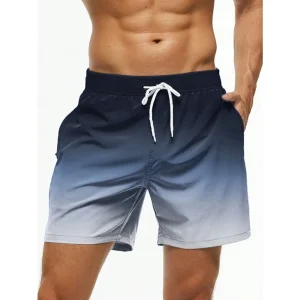 Men's Beach Shorts Gradient Color Block Drawstring Summer Men's swim Trunks Elastic Waist 3D Print Breathable Short Streetwear