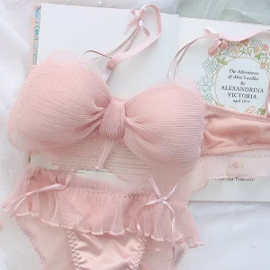 Kawaii Lolita Bralette Set 3D Bow Bra & Panty Wire Free Push Up for Small Chest Adjustable Straps Free Lace Gift