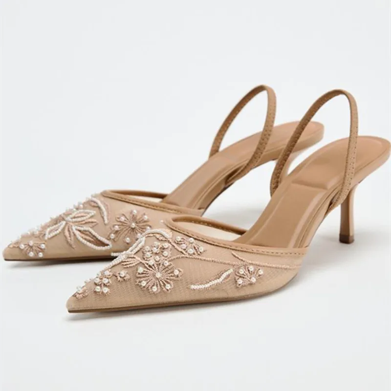 Luxury Mesh Embroidery High Heels Women Sexy Pointed Toe String Bead Slingback Heeled Sandals Summer Elegant Banquet Dress Shoes