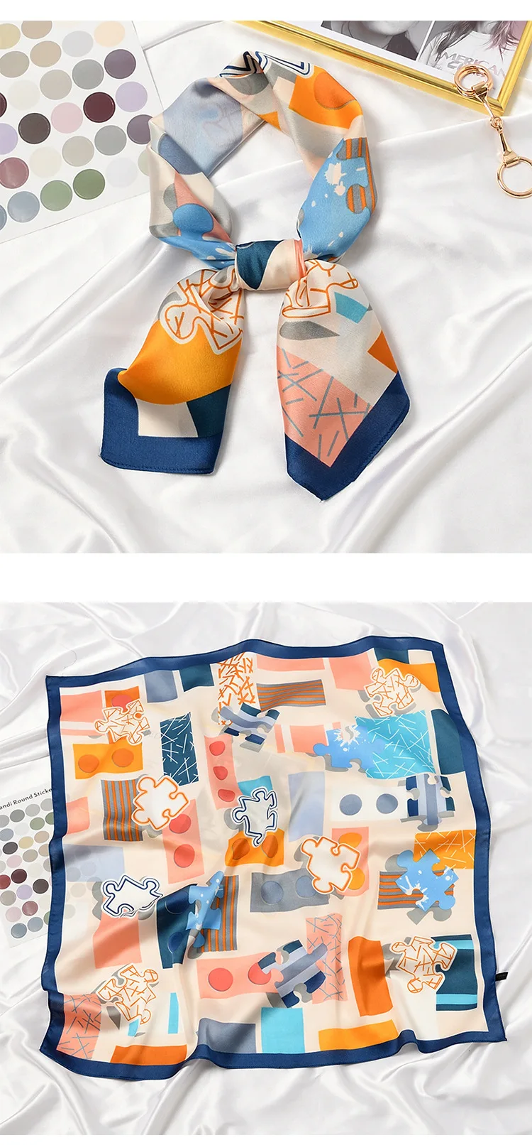 2021 Elegant Puzzle Print Square Scarf Women Bandana Hairband Lady Head Wraps Female Shawl Fashion Neckerchief - Image 3