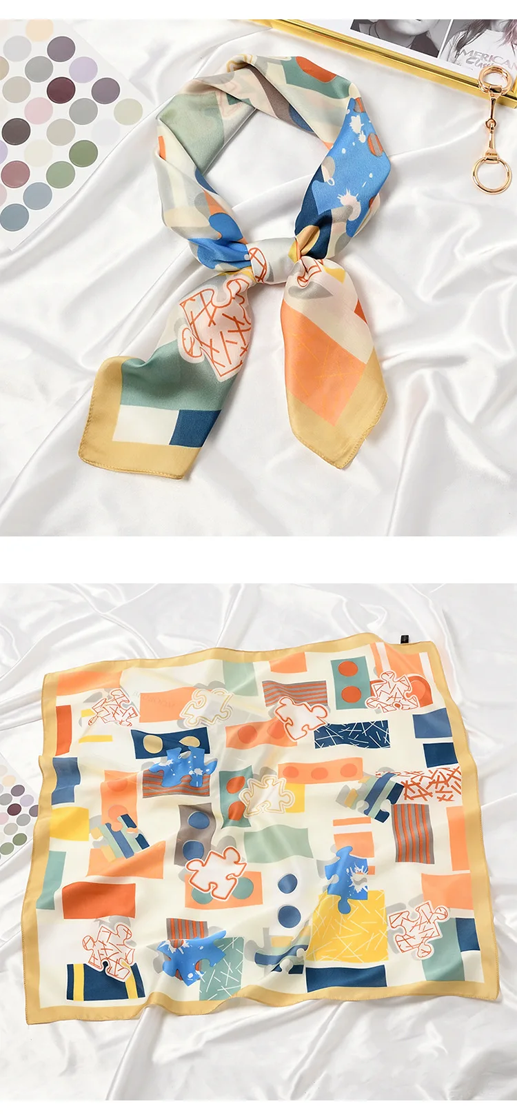 2021 Elegant Puzzle Print Square Scarf Women Bandana Hairband Lady Head Wraps Female Shawl Fashion Neckerchief - Image 4