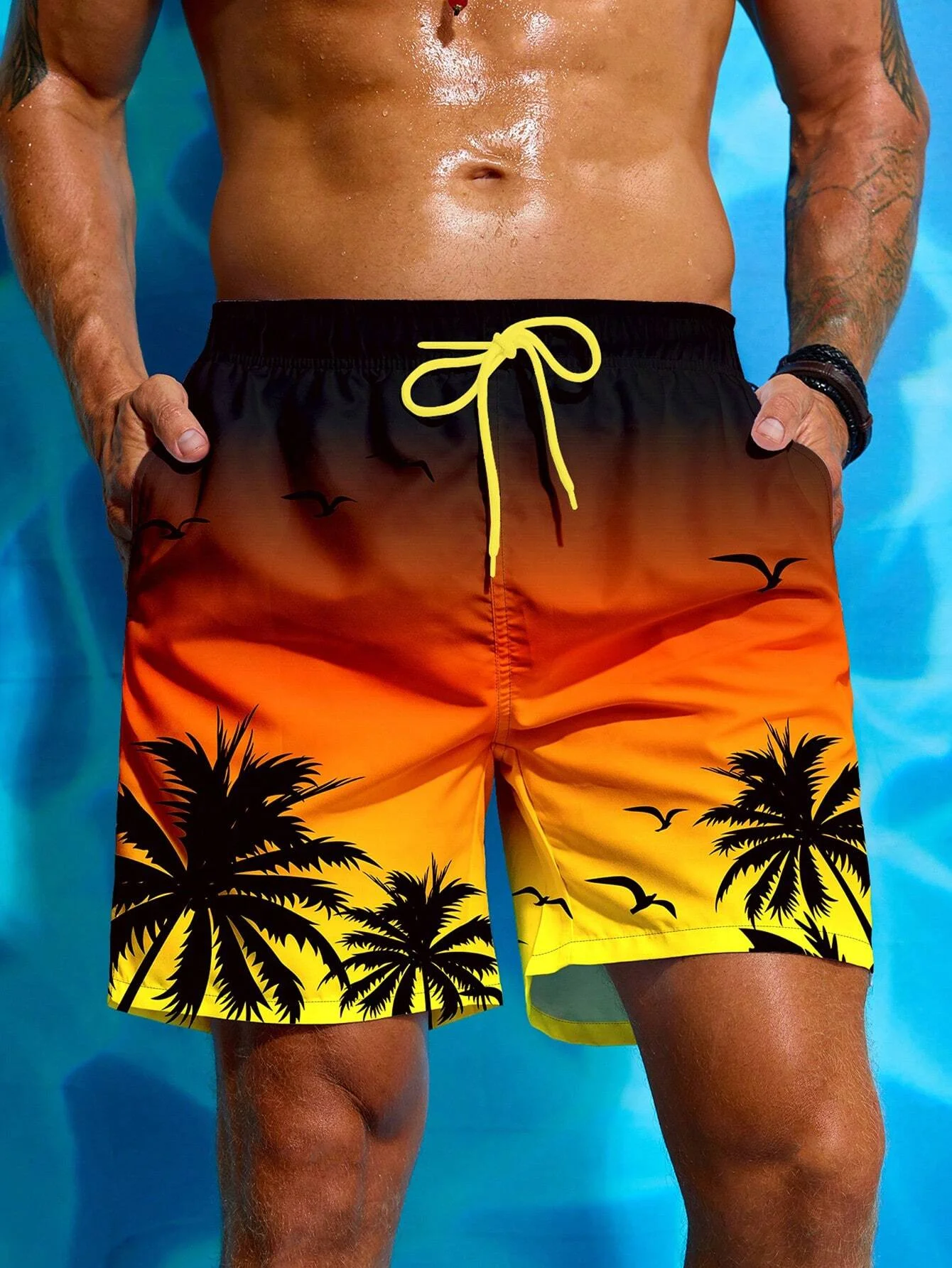 Summer Vacation Men's Palm Tree Print Drawstring Waist Board Shorts Fashion Swim Trunks 3D Print Breathable Short Streetwear - Image 2