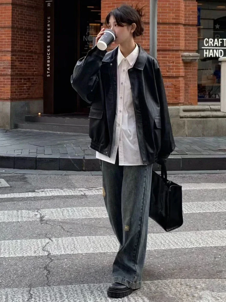Vintage PU Leather Jacket Women High Street Techwear Oversized Moto Biker Coats BF Punk Loose Casual Cropped Outerwear - Image 5