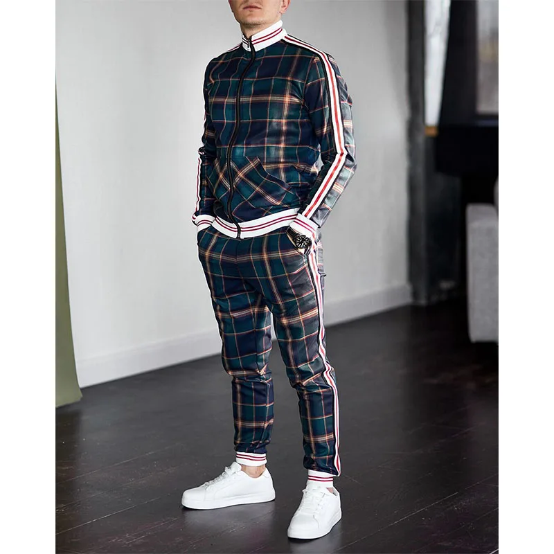 Mens Tracksuits Colorful Plaid Casual Zipper Hoodie Set 3D Print Set New Autumn Male Sweatshirt Clothes For Men - Image 2