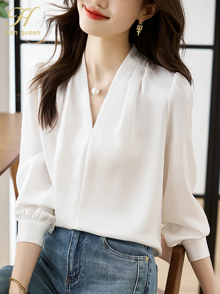 H Han Queen Korean Basic Shirts Woman Vintage Clothing Chiffon Long Sleeve Top Casual Female Work Wear Office Shirts And Blouses - Image 5