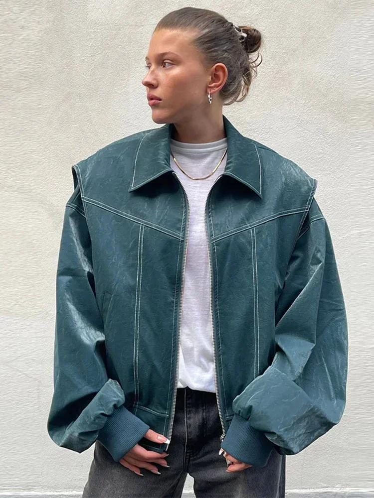 Vintage Solid Lapel Collar Zipper Women's Leather Jacket Casual Fashion Lapel Long Sleeve Coat 2024 Autumn Winter Outwear Tops - Image 5