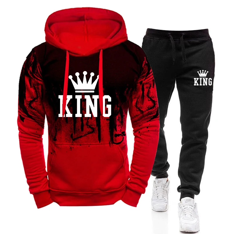 2025 Trend Menswear King Printing Casual Hooded Sweatshirts+Pants Set Jogging Clothing Splash-ink Suit Hot Sales Mens Tracksuit - Image 4
