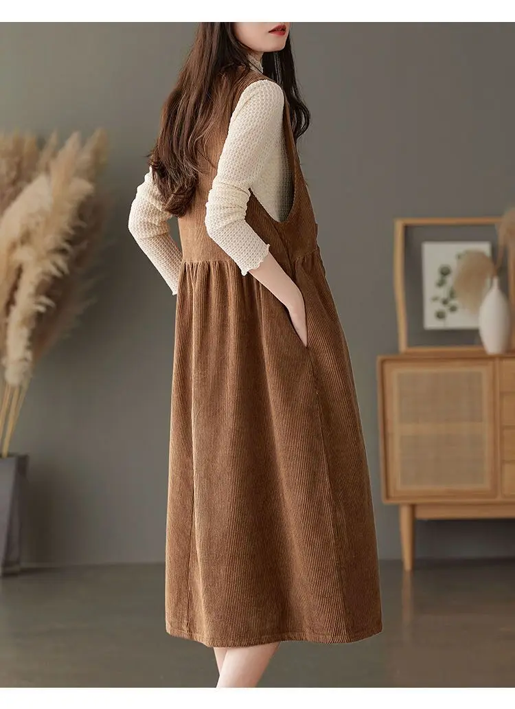 Corduroy Strap Dress for Women 2024 Autumn/Winter New Style Retro Style Small Loose Medium Length Tank Top Skirt - Image 5
