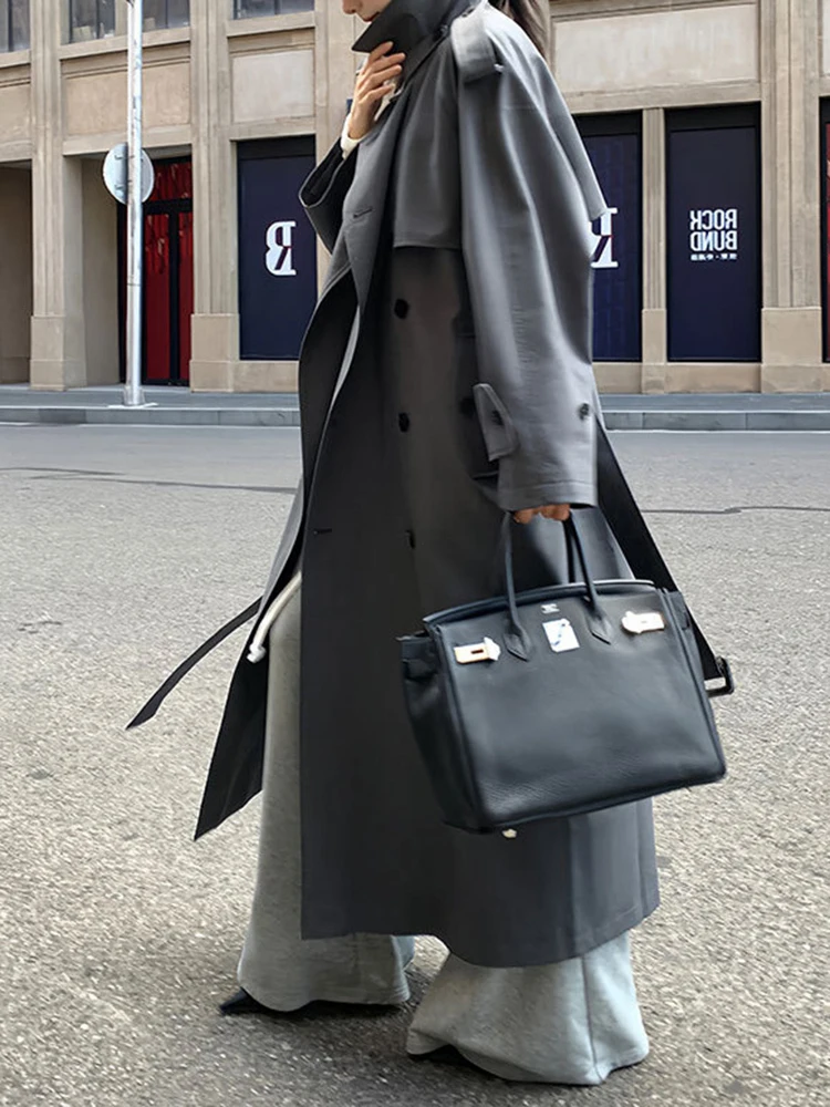 YERMORA Fashion Designer Long Trench Coat Women Lapel Double Breasted Belt Gathered Waist Windbreaker 2024 Autumn Winter New - Image 3
