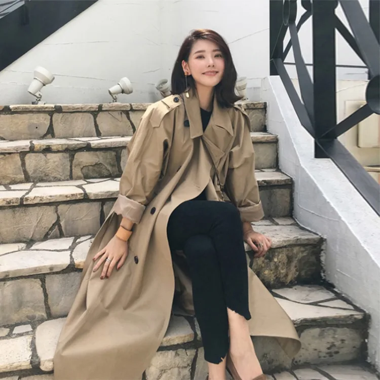 Womens Autumn Classic Double Breasted Long Trench Jacket with Belt Female Solid Color Lapels Windbreaker Winter Coat for Women - Image 2