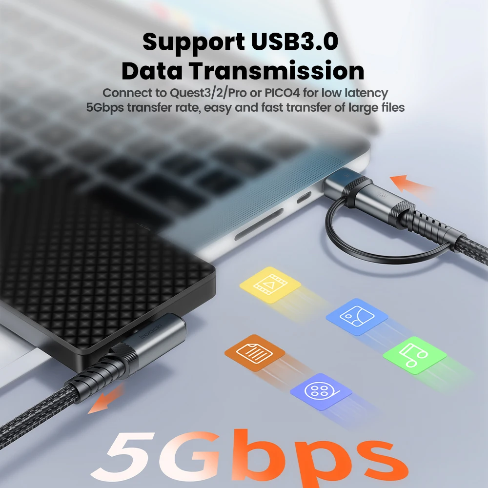 Toocki 5m VR Link Elbow Cable 2 in 1 3A USB A+C to Type C PD Fast Charging USB3.0 5Gbps Data Transfer Wire For Phone Accessories - Image 3