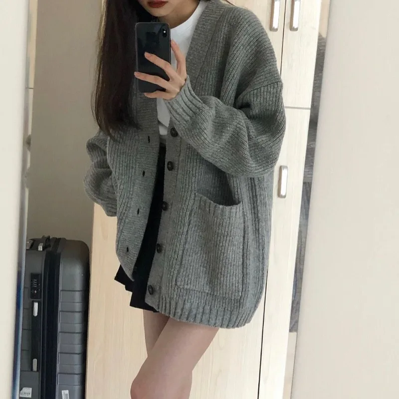 Autumn Winter Women Cardigan Sweater Coats Fashion Female Long Sleeve V-neck Loose Knitted Jackets Casual Sweater Cardigans - Image 3