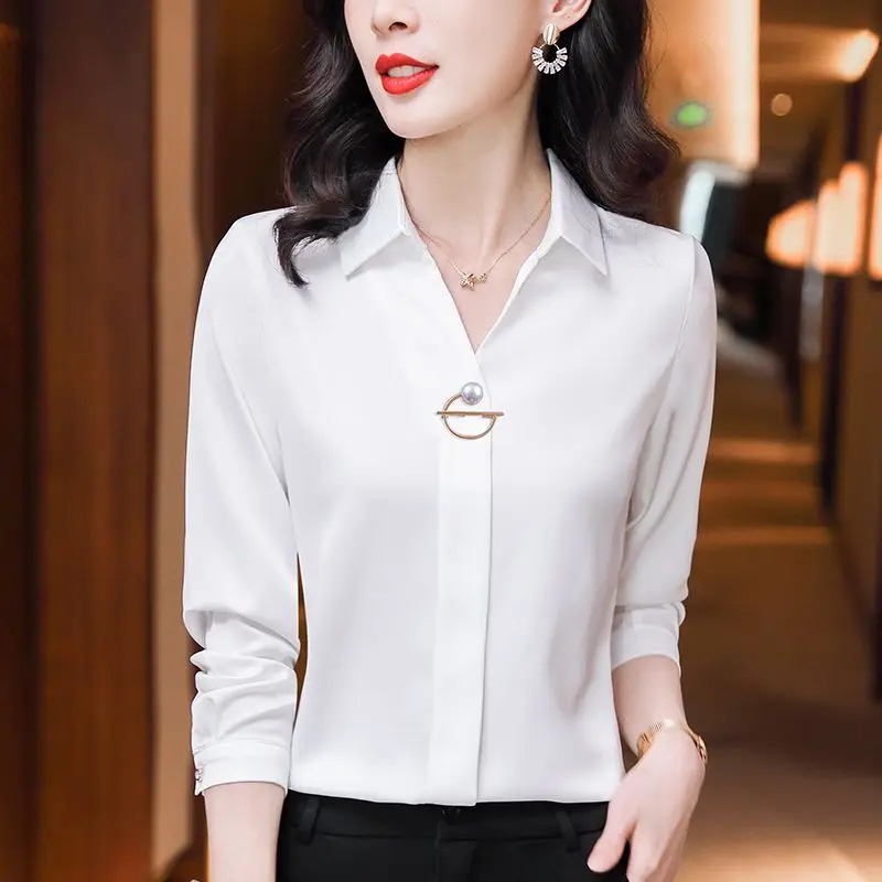 Basic Office Lady Solid Color Shirt Female Clothing Elegant Fashion V-Neck 2023 Spring Autumn Commuter Korean Long Sleeve Blouse - Image 4