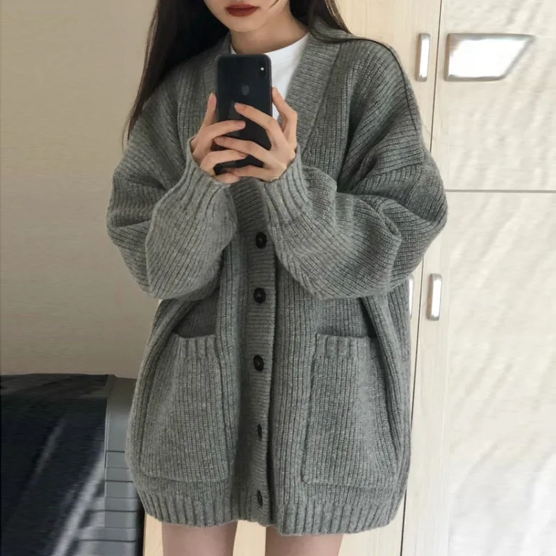 Autumn Winter Women Cardigan Sweater Coats Fashion Female Long Sleeve V-neck Loose Knitted Jackets Casual Sweater Cardigans - Image 2
