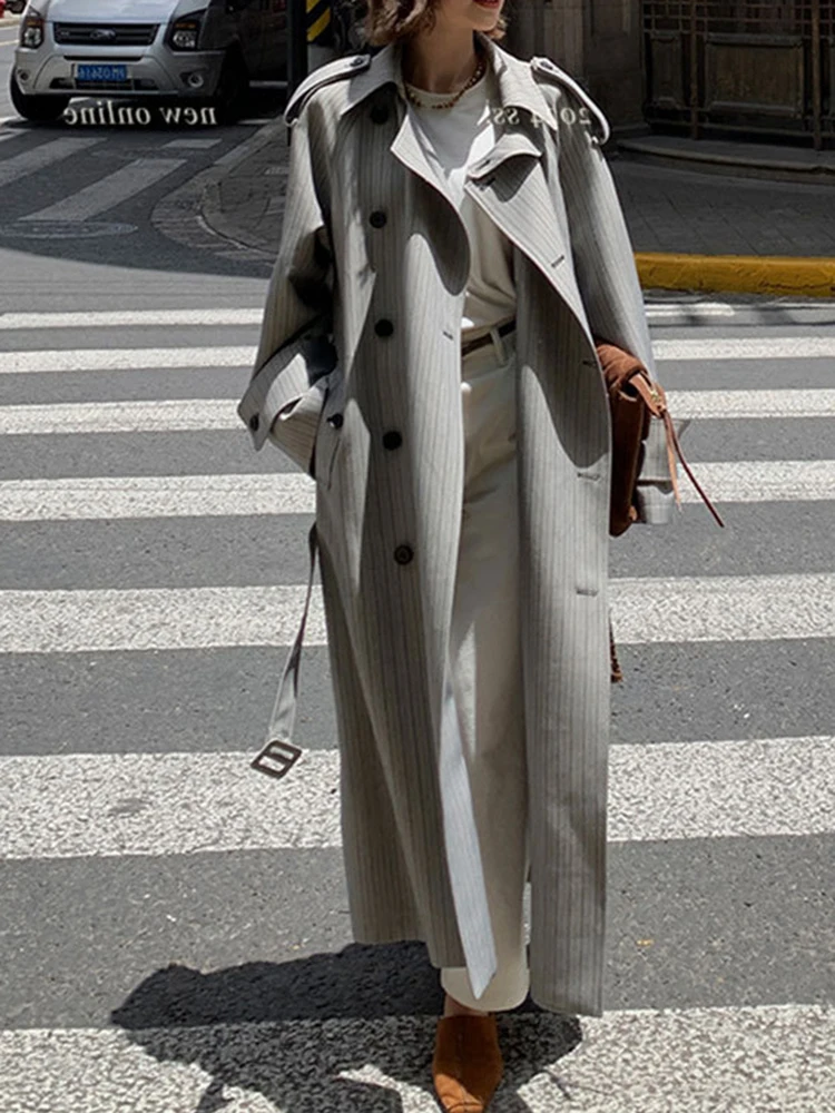 YERMORA Fashion Designer Long Trench Coat Women Lapel Double Breasted Belt Gathered Waist Windbreaker 2024 Autumn Winter New - Image 5