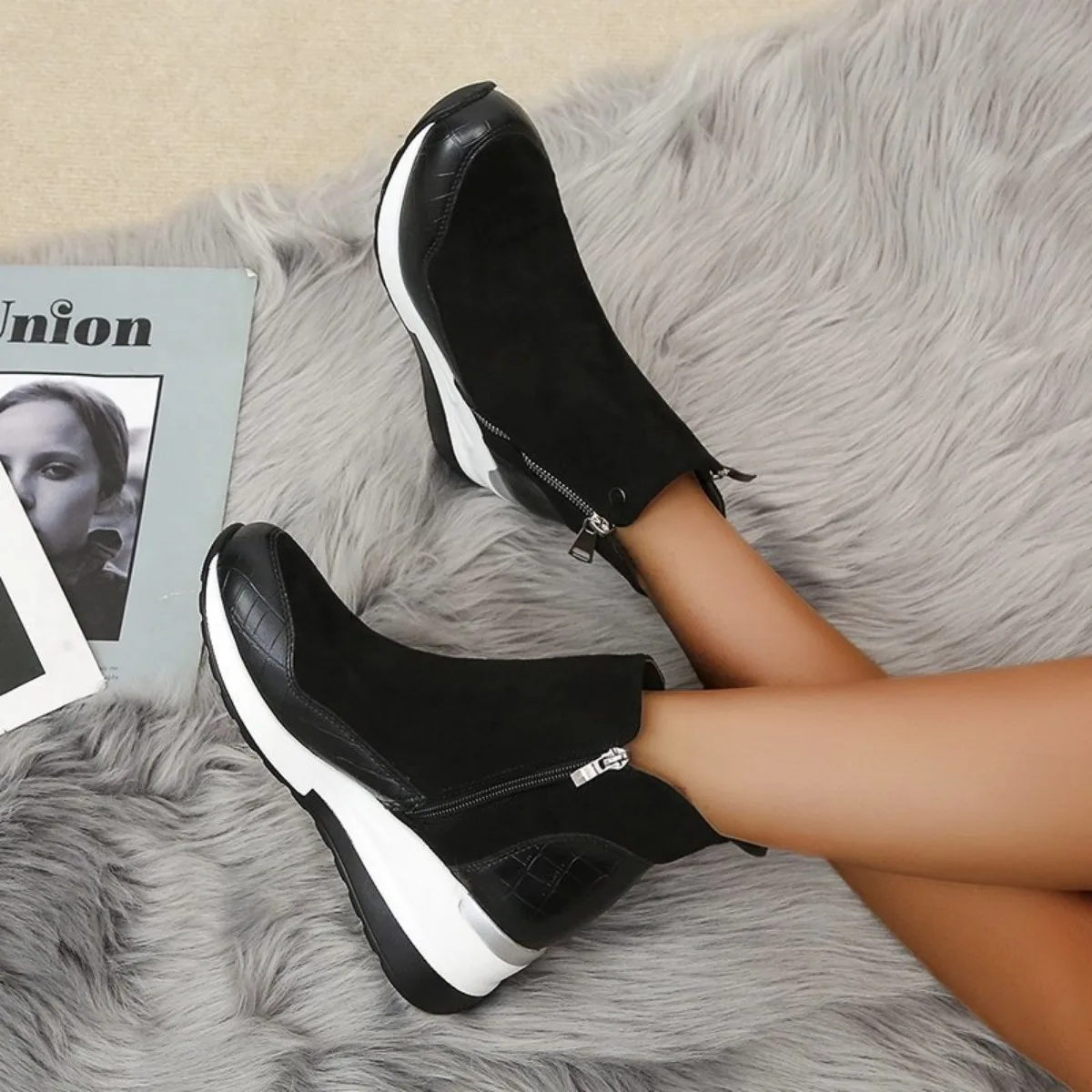 New Women Winter Boots Chunky Sneakers Ankle Boots Woman Zipper Buckle Thick Sole Platform Waterproof High Top Female Booties - Image 5