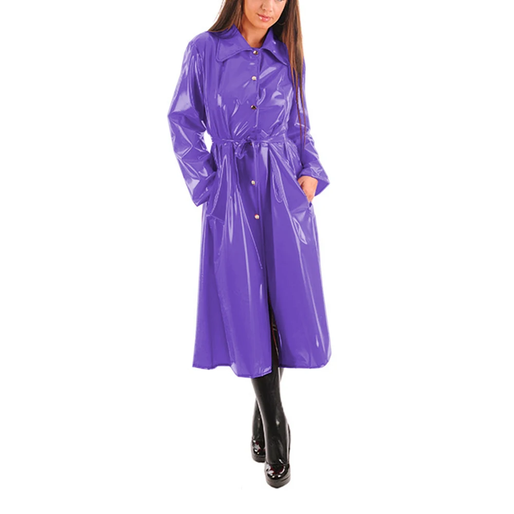 Women's PU Leather Turn-Down Collar Midi Trench, Shiny Faux Leather, Button-Up, Long Sleeve Dress Coats with Belt, Sexy Wet Look - Image 3