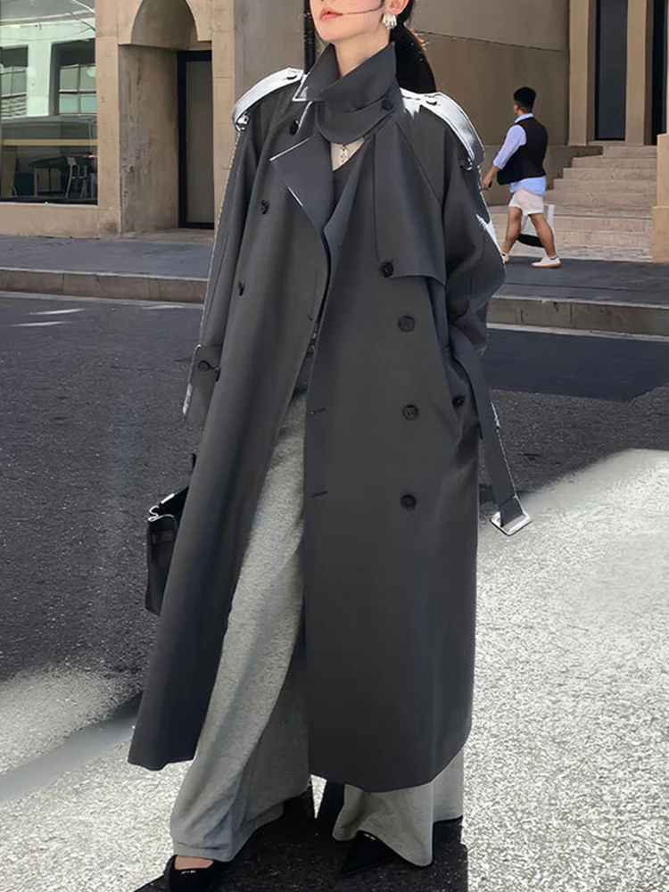 YERMORA Fashion Designer Long Trench Coat Women Lapel Double Breasted Belt Gathered Waist Windbreaker 2024 Autumn Winter New - Image 2