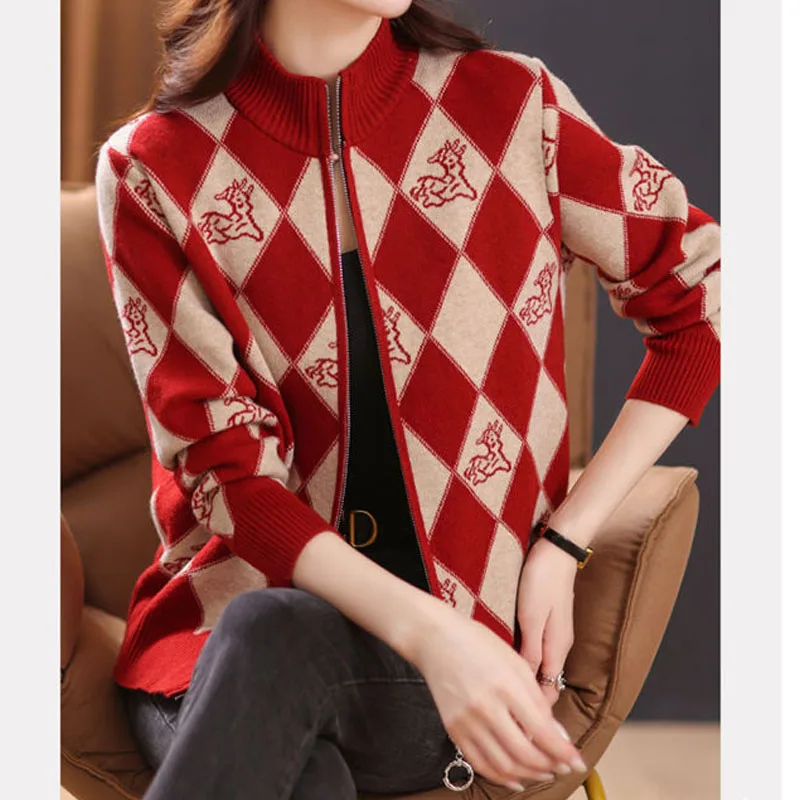 Women's Korean Vintage Plaid Sweaters Cardigan Autumn Winter Casual All-match Stand Collar Zipper Knitted Tops Female Clothing - Image 6