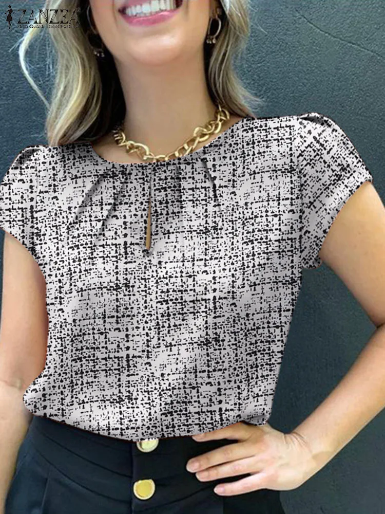 ZANZEA Summer Fashion Printed Blouse Woman Short Sleeve O-Neck Tops Casual Party Chemise Female Elegant OL Office Shirt 2024 - Image 4