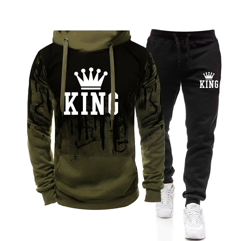 2025 Trend Menswear King Printing Casual Hooded Sweatshirts+Pants Set Jogging Clothing Splash-ink Suit Hot Sales Mens Tracksuit - Image 3