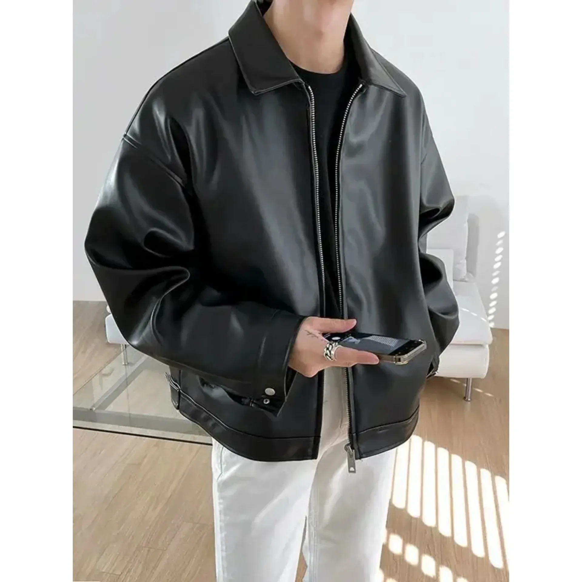 New Trendy Men's Leather Jacket Korean Style Pu Leather Spring Casual Motorcycle Jacket Trendy Baseball Uniform 2024 - Image 3