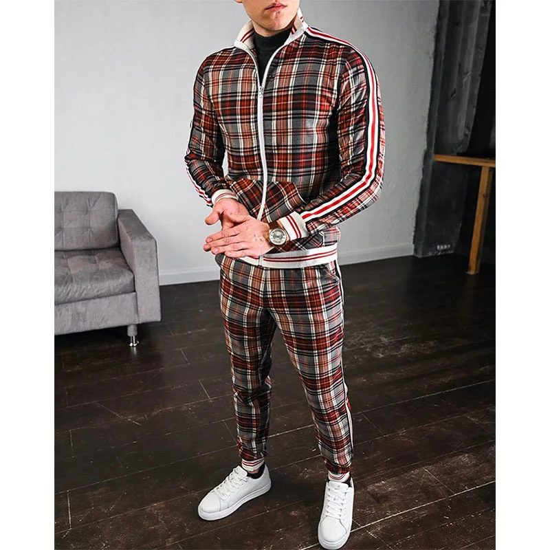 Mens Tracksuits Colorful Plaid Casual Zipper Hoodie Set 3D Print Set New Autumn Male Sweatshirt Clothes For Men - Image 6