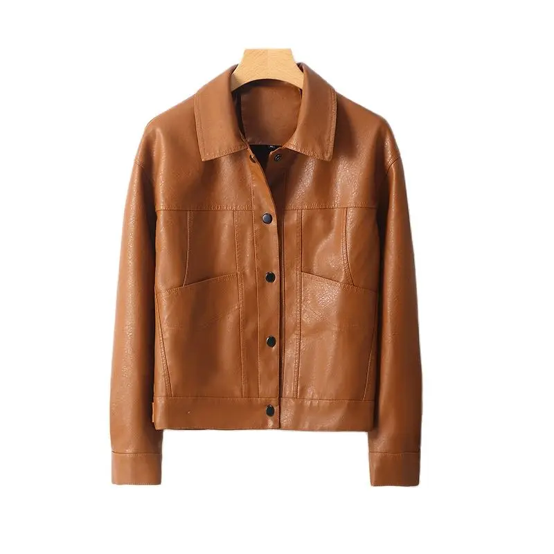 2023 New Female Motorcycle Leather Jacket Spring and Autumn Women's Leather Lapel Button Slim Korean Version of Women's Coat - Image 5