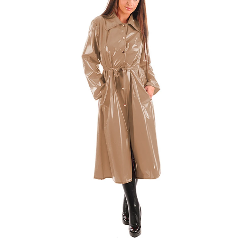 Women's PU Leather Turn-Down Collar Midi Trench, Shiny Faux Leather, Button-Up, Long Sleeve Dress Coats with Belt, Sexy Wet Look - Image 6