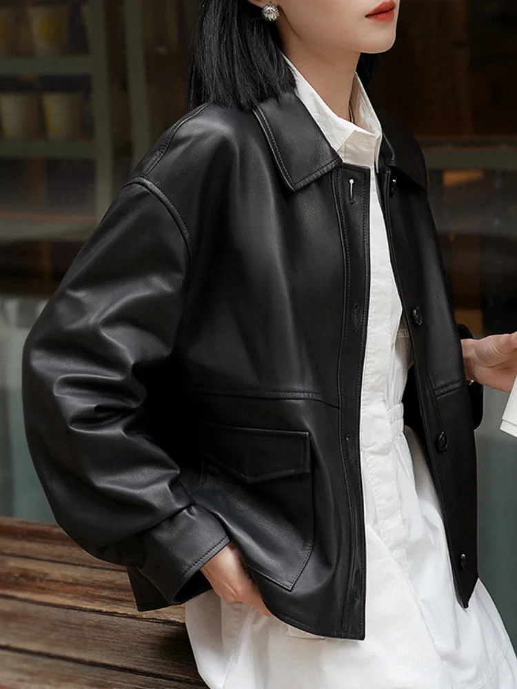 Leather Jacket with Pockets Buttons Front Faux Leather Coat Lapel Collar Long Sleeves Tops Autumn/Winter Woman Clothing - Image 3