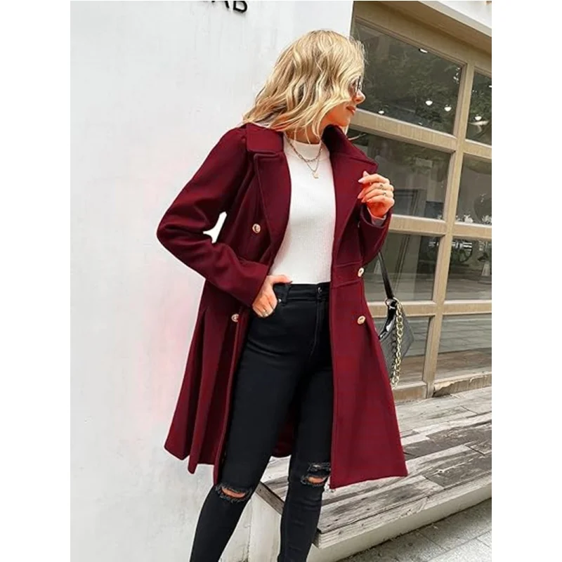 Women's Wool Trench Outerwears Winter with Skirt Hemline Double Breasted Flip Lapel Lined Women's Jacket Warm Streetwears - Image 3