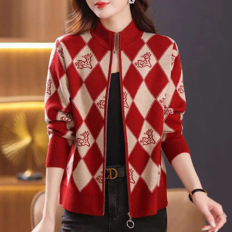 Women's Korean Vintage Plaid Sweaters Cardigan Autumn Winter Casual All-match Stand Collar Zipper Knitted Tops Female Clothing - Image 4