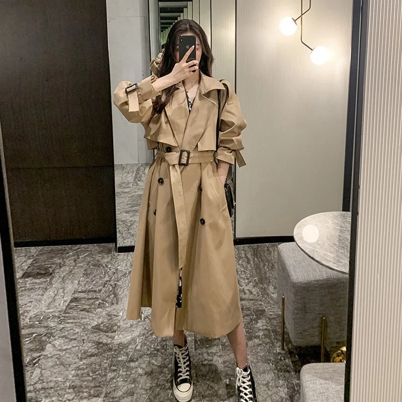 Womens Autumn Classic Double Breasted Long Trench Jacket with Belt Female Solid Color Lapels Windbreaker Winter Coat for Women - Image 4
