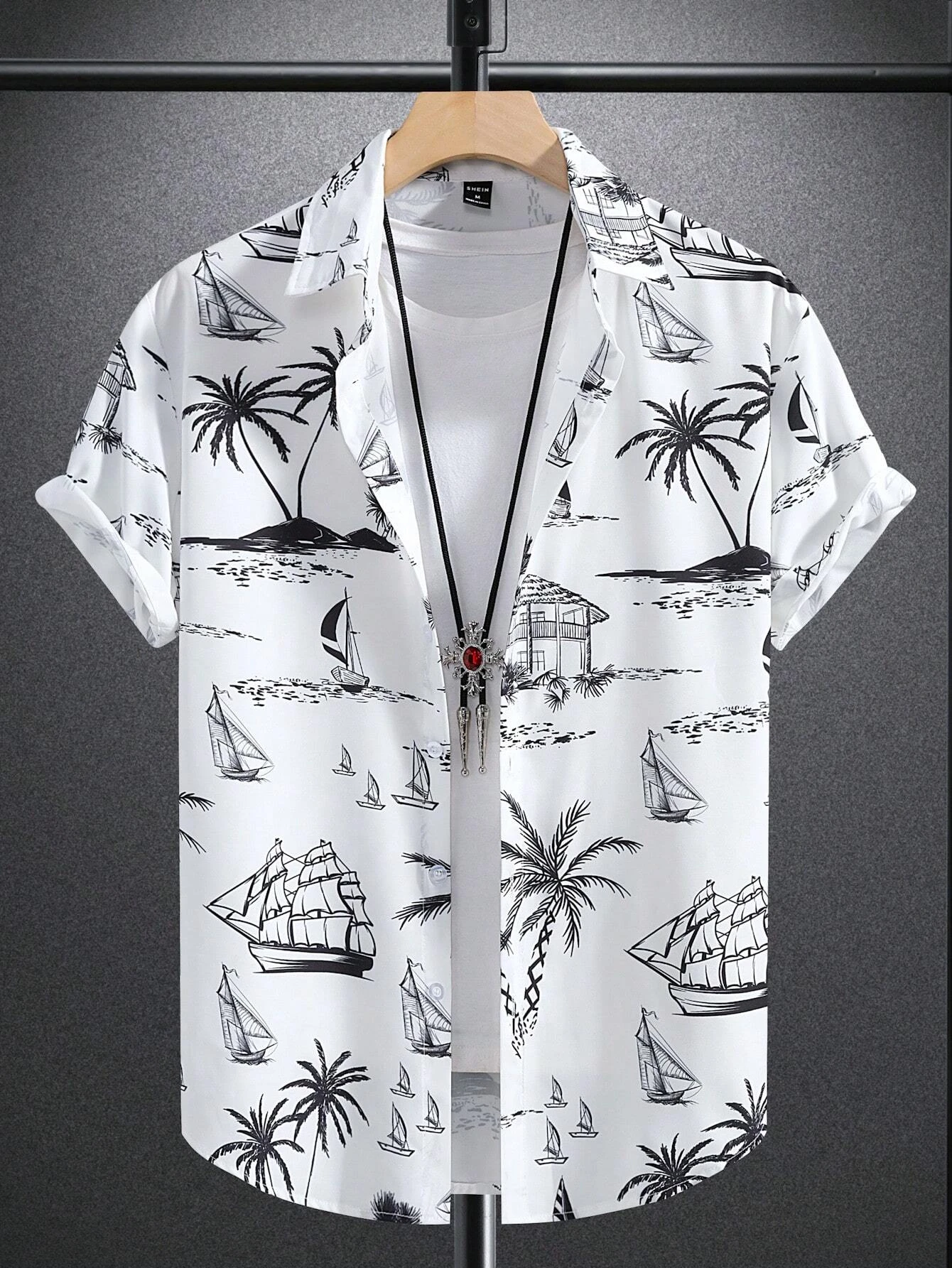 Men's Coconut Tree Graphic Print Short Sleeve Lapel Shirt Tops Men's Casual Button-Down Shirts For Summer Daily Wear And Resort - Image 4