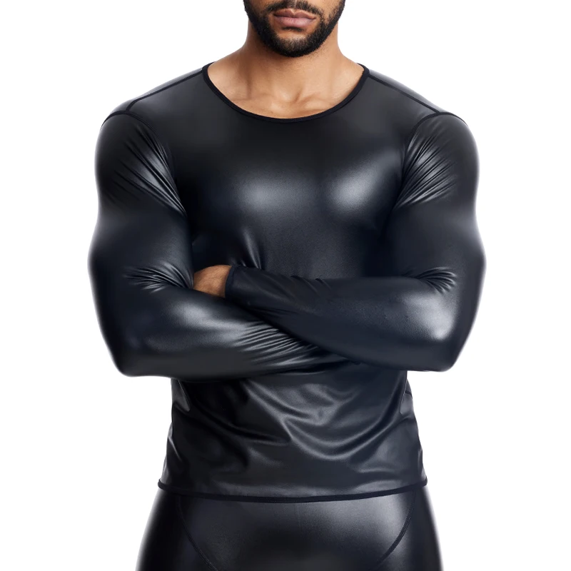 Men's New T-shirt Top Casual Shirts S-6XL Mens Wet Look Undershirt Faux Leather Long Shirts Slim Fit Muscle Tops Casual Clubwear - Image 5
