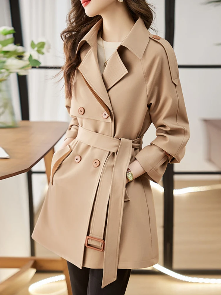 Solid Mid length Trench for Women Fall Winter 2023 New Vintage Turn Down Collar Long Sleeve Jacket Loose Double Breasted Coat - Image 2